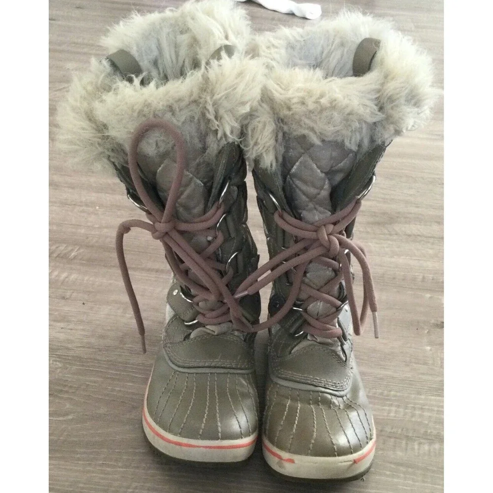 SOREL Tofino Organza Snow Boots Gray Silver Faux Fur Kettle/Orange Sz. 6